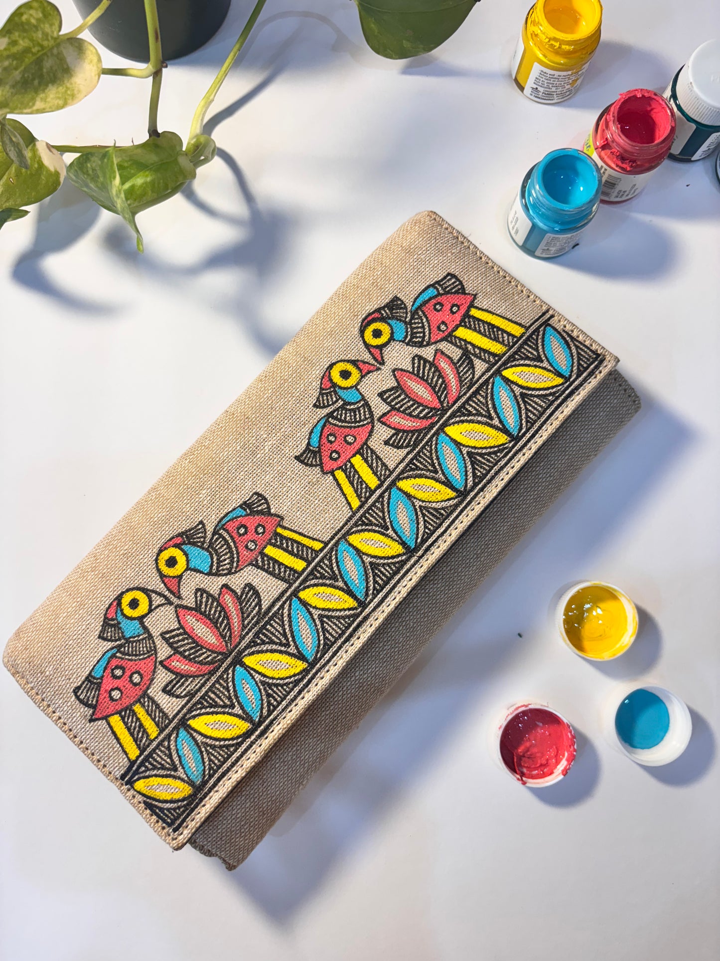 Love bird hand painted jute clutch