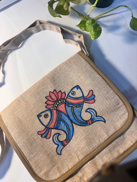 Matsya handpainted jute sling bag