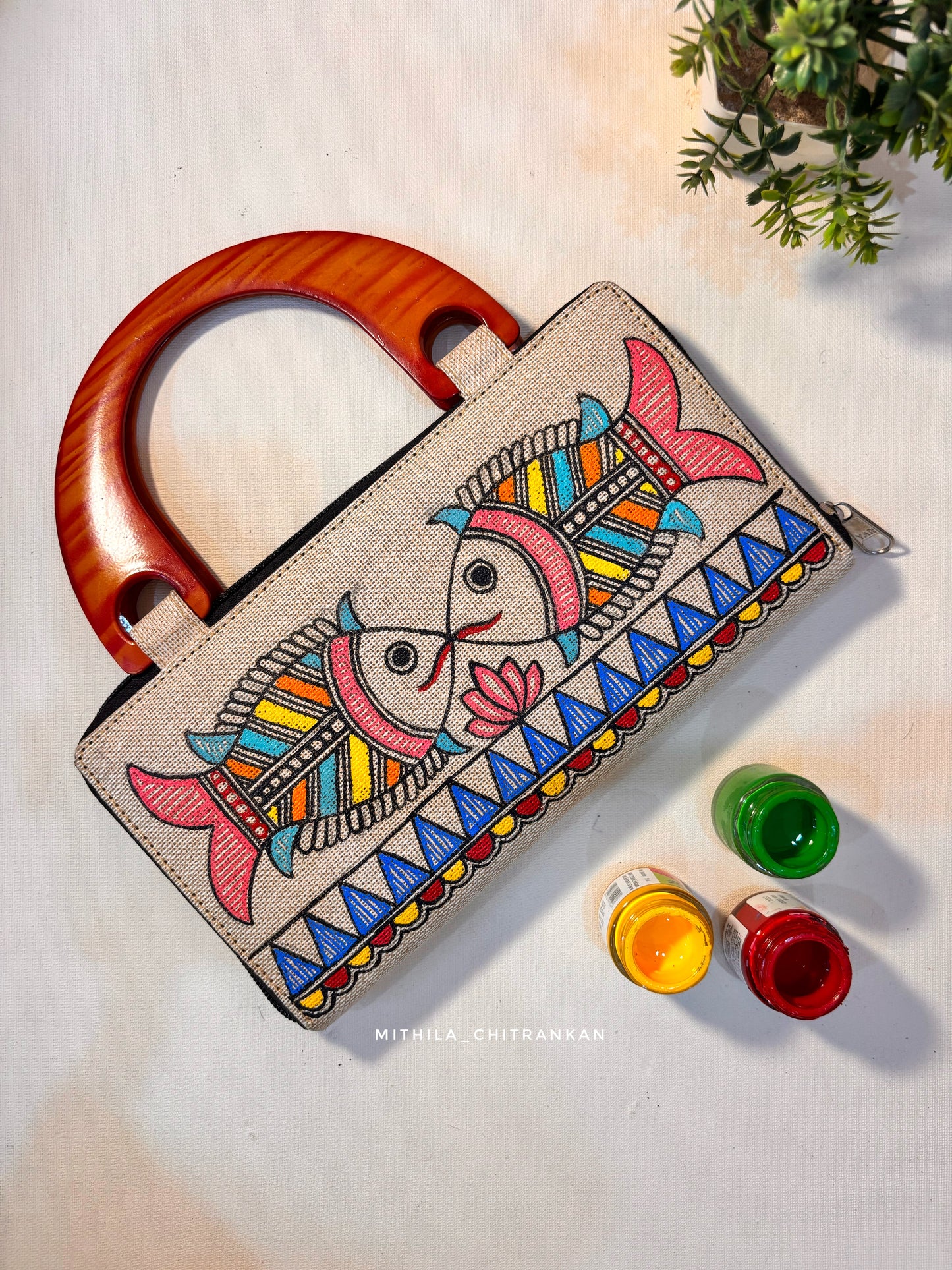 Joda machhali handpainted jute Handbag