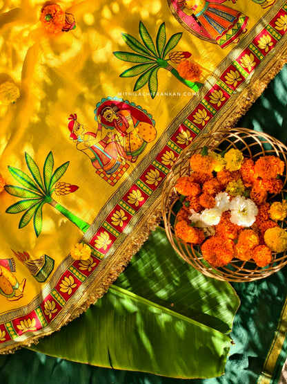 SINDOORDAN bridal handpainted chiniya silk saree