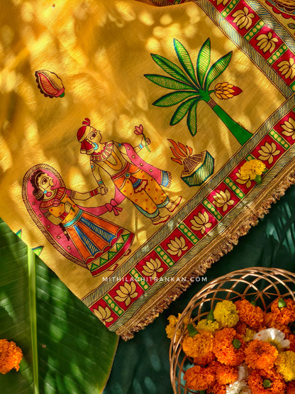 SINDOORDAN bridal handpainted chiniya silk saree
