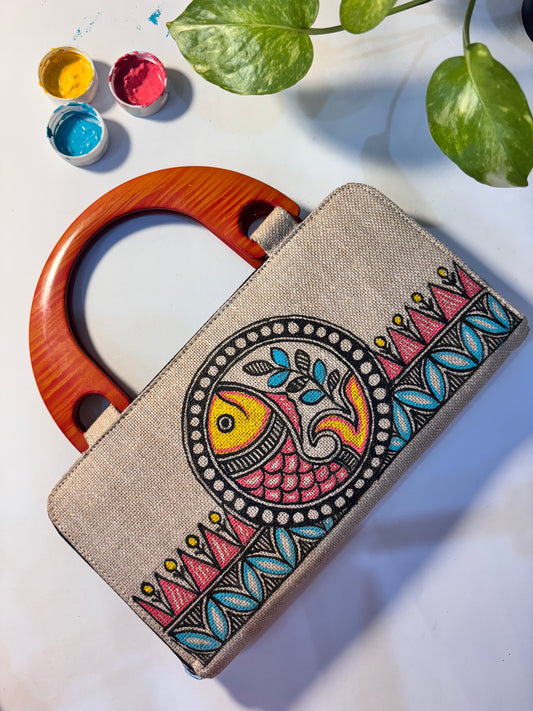 Fish motif jute handbag