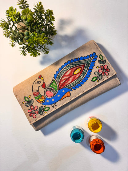 Peacock motif jute clutch