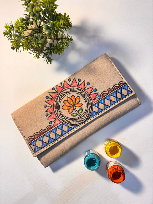 Lotus motif handpainted jute clutch